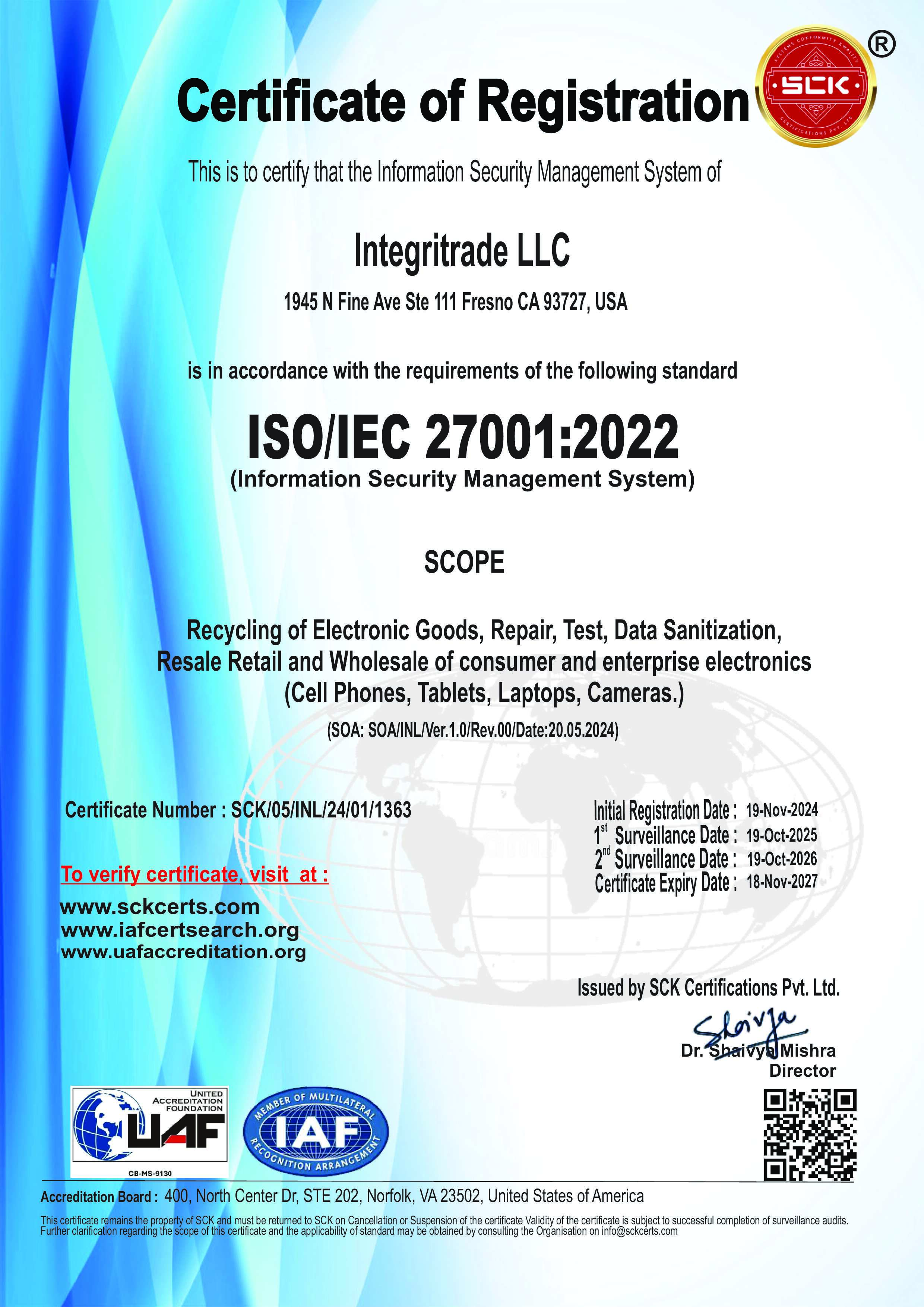 SCK Certifications Pvt. Ltd. ISO/IEC 27001 Certificate